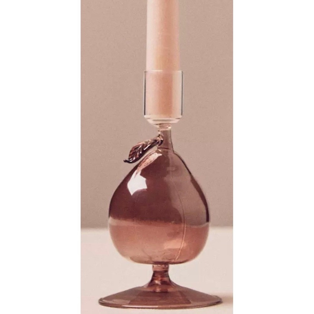 Anthropologie Glass Pear Taper Candle Holder Brown Mauve Fruit Leaf 6.25" Decor